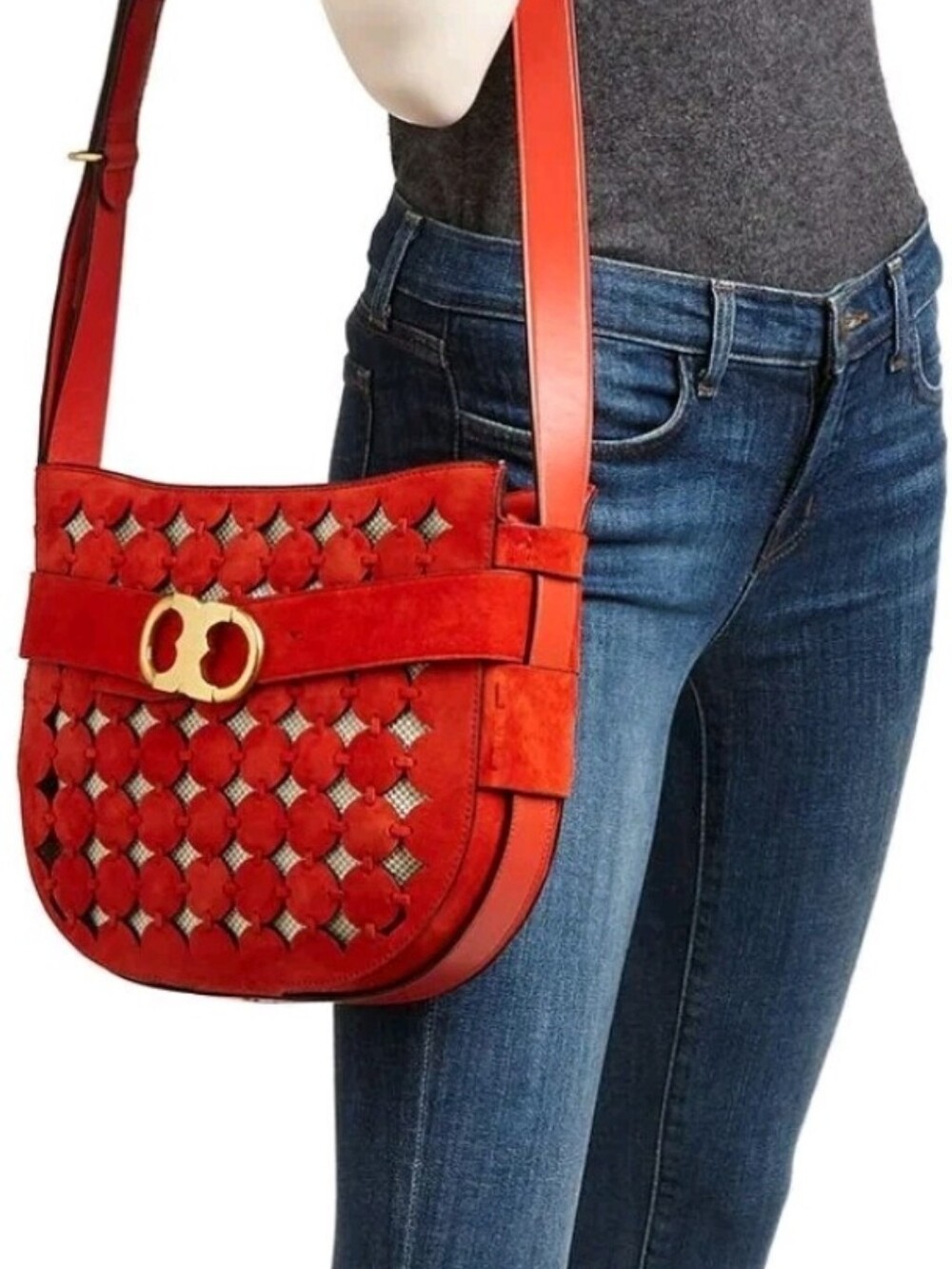 Tory Burch Gemini Link Cutout Suede Crossbody Bag with Gold-Tone Hardware EUC